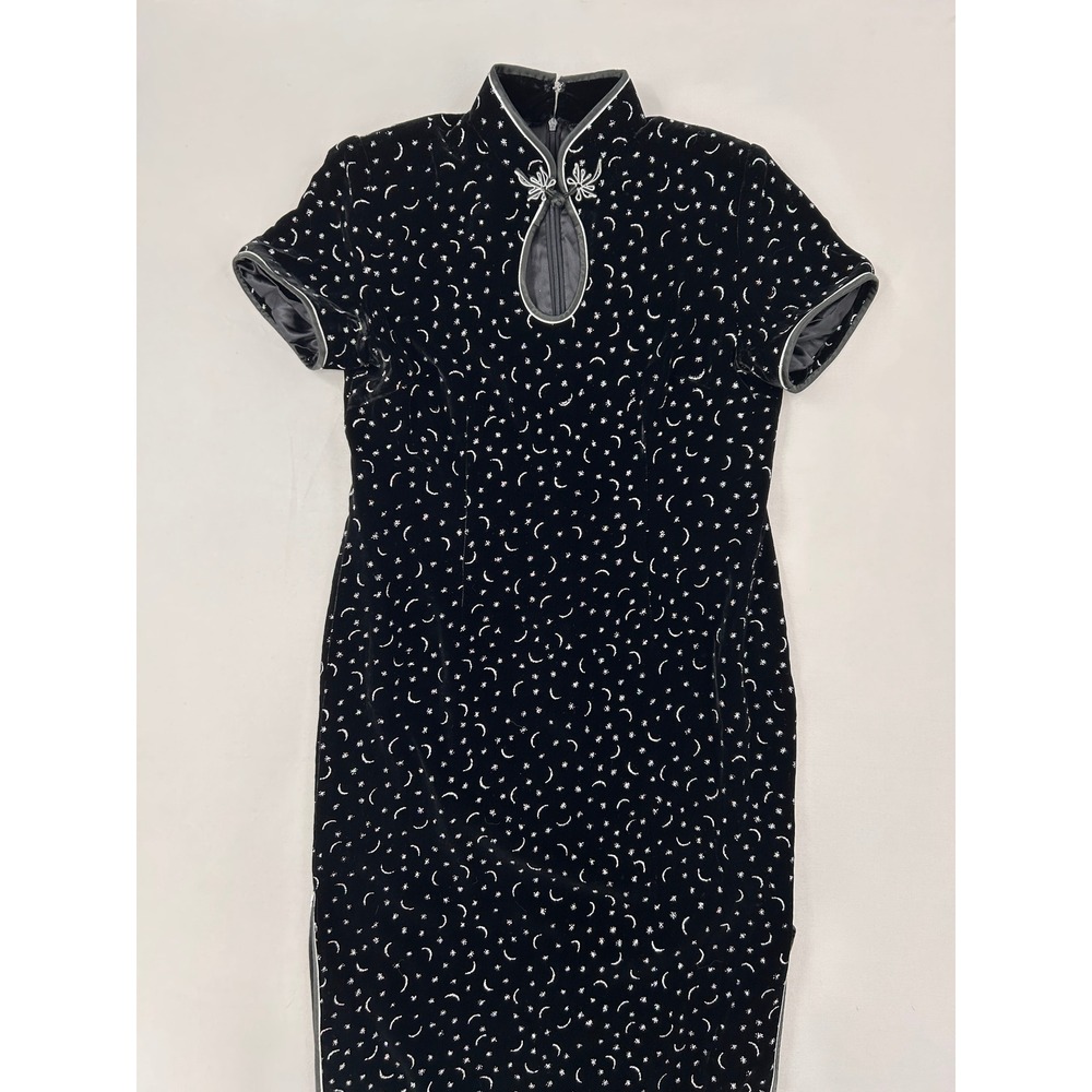Vintage Celestial Velvet Cheongsam Dress Black Moon Star Qipao Midi Slit Dress